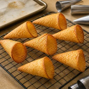 Crispy golden tortilla cones cooling on a wire rack
