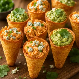 Crispy keto cones filled with buffalo chicken and avocado