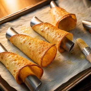 Golden keto cones baking on metal molds with a pastry brush nearby