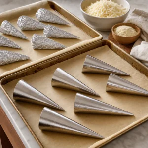 Greased cone molds on parchment-lined baking sheets