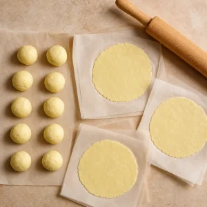 Keto dough portions flattened into thin circles on parchment