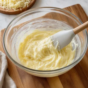 Melted mozzarella and cream cheese stirred in a glass bowl