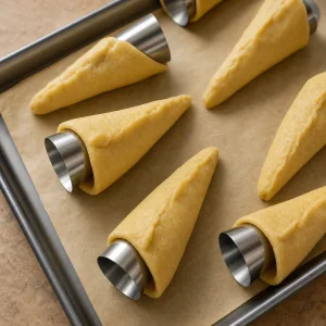 Thin keto dough wrapped around metal cone molds