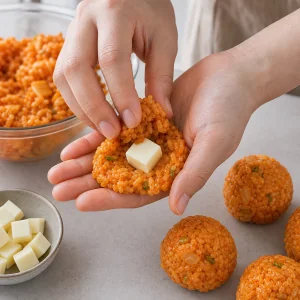 A mozzarella cube placed in flattened kimchi rice before forming a ball.
