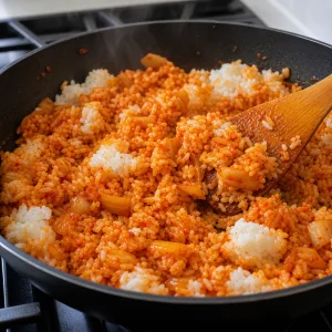 Cooked rice being stirred into the kimchi mixture until the grains are coated.