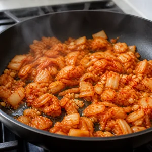 Kimchi and minced garlic sauteing in oil in a skillet.