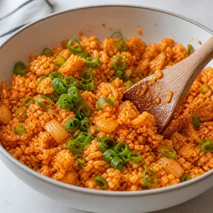Kimchi fried rice cooling in a bowl with sesame oil and sliced green onions.