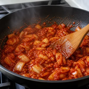 Kimchi mixed with gochujang and kimchi juice into a glossy sauce base.