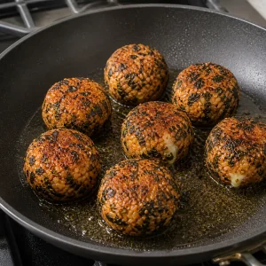Seaweed-coated kimchi rice balls searing in a skillet until crisp.