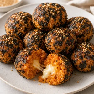 Warm crispy kimchi rice balls served with toasted sesame seeds and melted mozzarella inside.