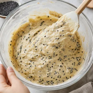 Black sesame seeds folded into thick mochi coconut waffle batter.