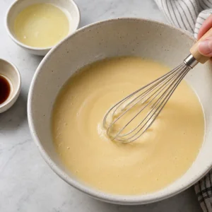 Coconut milk, egg, melted coconut oil, and vanilla whisked until smooth.