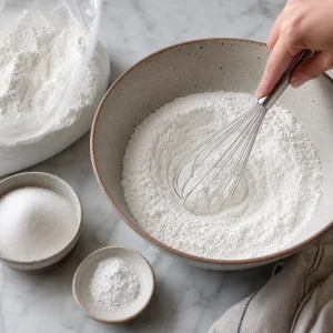 Glutinous rice flour, sugar, baking powder, and salt whisked in a mixing bowl.