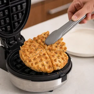 Golden brown mochi waffle lifted from the waffle iron while hot.