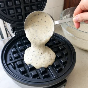 Sesame-speckled mochi waffle batter poured onto the center of a hot waffle iron.