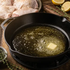 Butter melting in shimmering oil in a cast iron skillet