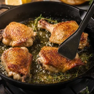 Chicken thighs searing skin side down in bubbling fat