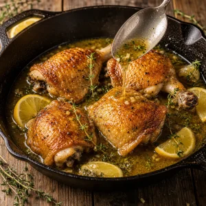 Crispy chicken thighs spooned with lemon herb wine sauce
