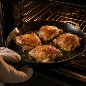 Golden chicken thighs in a cast iron skillet going into the oven