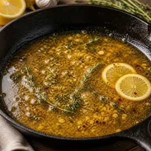 Lemon thyme pan sauce simmering in a cast iron skillet