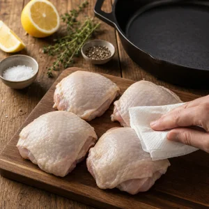 Raw chicken thighs being patted dry on a rustic board
