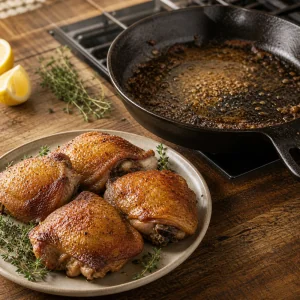 Roasted chicken thighs resting beside a skillet with browned fond