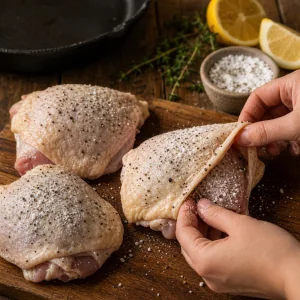 Seasoning rubbed over raw chicken thighs before searing