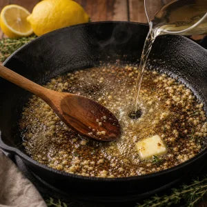 White wine deglazing garlic and browned bits in a skillet