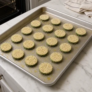 Coated zucchini rounds arranged on an oiled sheet pan