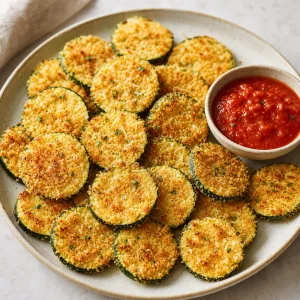 Crispy Parmesan zucchini rounds served with marinara sauce