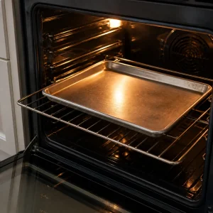 Empty rimmed sheet pan heating inside an oven