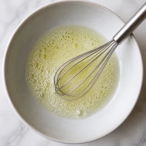 Foamy egg whites whisked in a shallow bowl