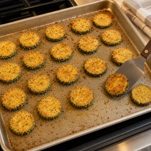 Golden baked zucchini rounds being flipped on a sheet pan