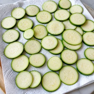 Raw zucchini rounds resting on paper towels with salt