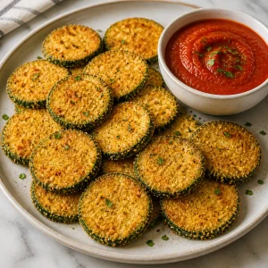 Warm crispy zucchini rounds served beside marinara sauce