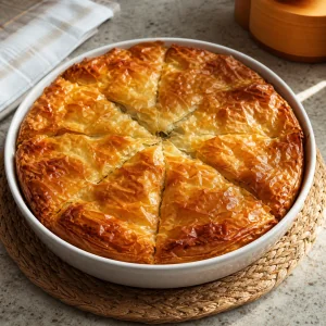 Baked phyllo meat pie resting with golden crisp scored top