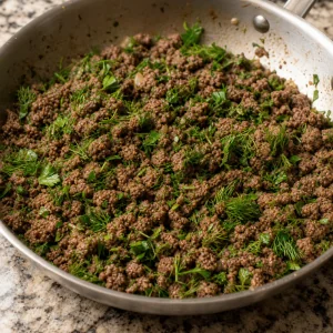 Browned beef filling mixed with parsley dill and warm spices