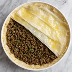 Herbed beef filling spread over phyllo with top sheets being layered