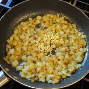 Onions and minced garlic sauteing in olive oil until softened