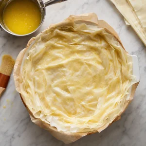 Phyllo sheets layered in a buttered parchment lined baking dish