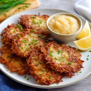 Хрустящие картофельные латкес с яблочным пюре, шнитт-луком и дольками лимона