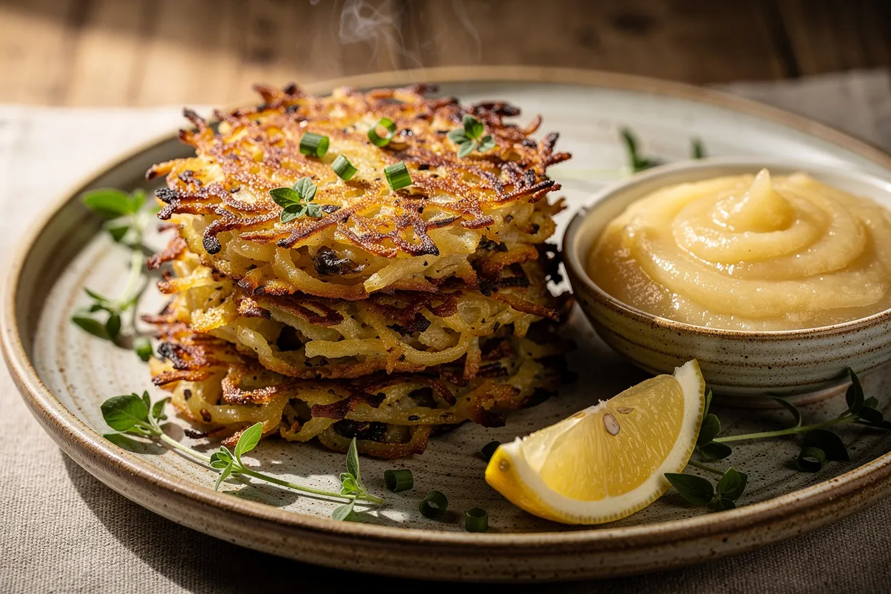 Knusprige Kartoffel-Latkes mit Apfelmus und Kräutern