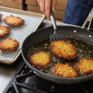 Жарка картофельных латкес до золотистой хрустящей корочки перед обсушиванием