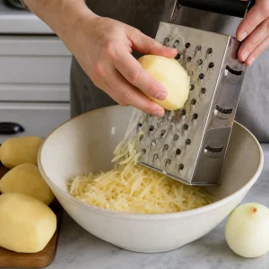 Натирание картофеля и лука в миску для хрустящих латкес