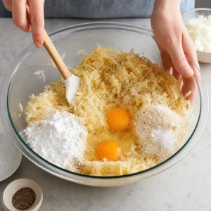 Смешивание массы для латкес с яйцами, мукой, крахмалом, солью и перцем