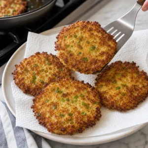 Golden potato pancakes draining on paper towels