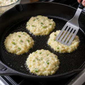 Potato pancake batter rounds sizzling in a skillet