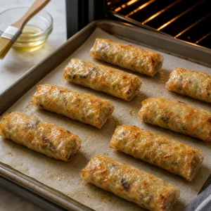 Baked rice paper rolls with blistered crisp wrappers on parchment