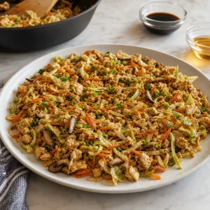 Cooked vegetable tofu filling spread on a plate to cool