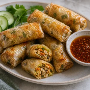 Crispy rice paper rolls served hot with dipping sauce